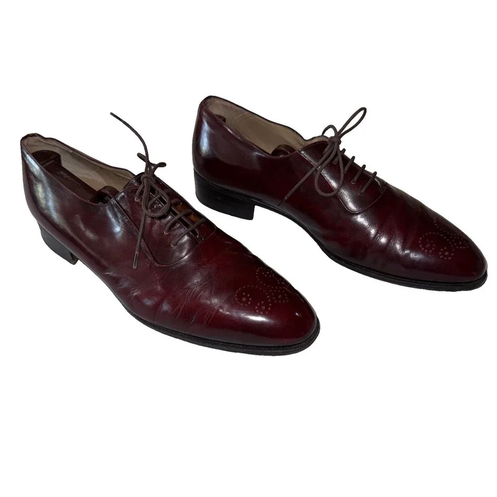 Bally Bilbao Mens 10D Oxblood Burgundy Leather Derby Brogue Lace Up Dress Shoes